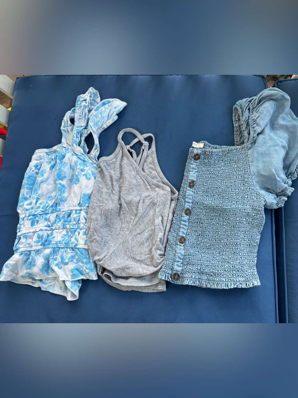 Girls Blue & Gray Summer Tops Bundle - Floral, Ribbed, Button-Front Size L